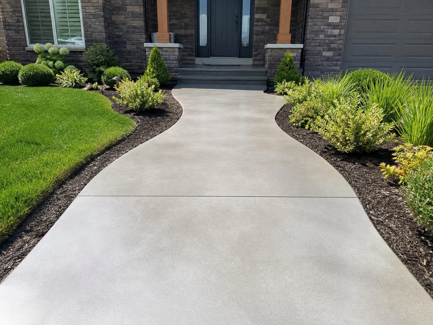 Curved concrete front walkway with landscaping at a residential home entry